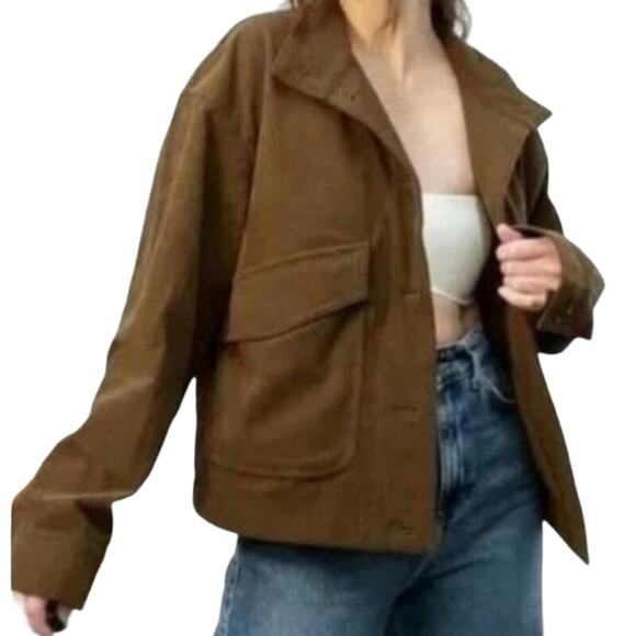 Avec Les Filles Sz M Brown Corduroy Look Oversized Crop Chore Jacket Fall Cabin - Picture 1 of 9